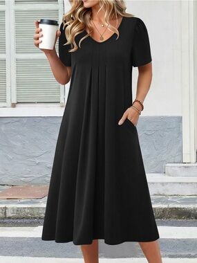 Everyday V-Neck Black Midi Dress with Pockets